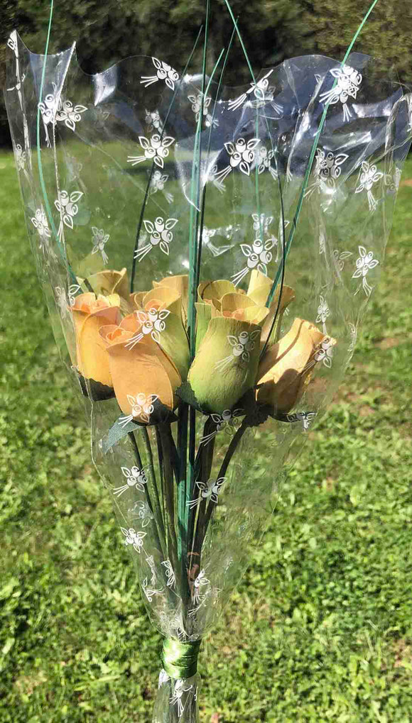 One Dozen Wood Rose Bouquet, Yellow & Light Green