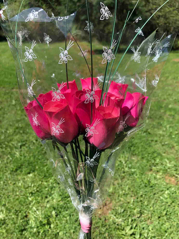 One Dozen Wood Rose Bouquet, Pink/Hot Pink & Hot Pink