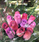 One Dozen Wood Rose Bouquet, Lavender/Red & Lavender