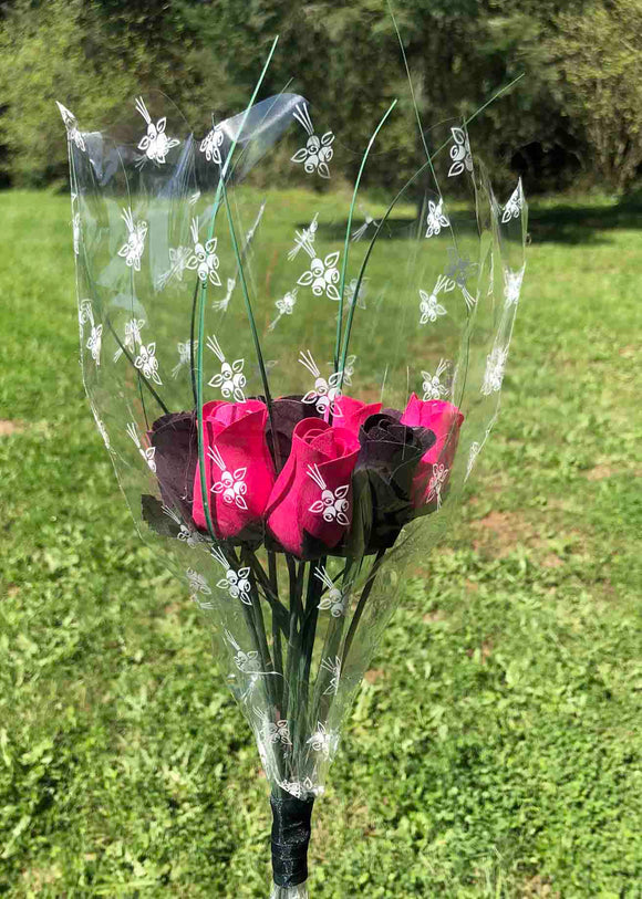 One Dozen Wood Rose Bouquet, Hot Pink & Black