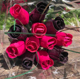 One Dozen Wood Rose Bouquet, Hot Pink & Black