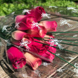 One Dozen Wood Rose Bouquet, Hot Pink & Ivory/Hot Pink