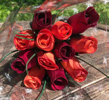 One Dozen Wood Rose Bouquet, Orange/Burg & Burg