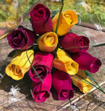 One Dozen Wood Rose Bouquet, Violet & Yellow