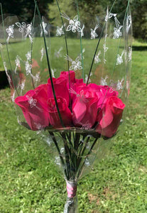 One Dozen Wood Rose Bouquet, Hot Pink & Pink/Hot Pink