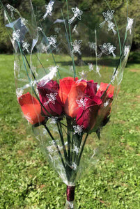 One Dozen Wood Rose Bouquet, Burgundy & Orange/Burgundy