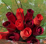 One Dozen Wood Rose Bouquet, Burgundy & Orange/Burgundy