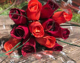 One Dozen Wood Rose Bouquet, Burgundy & Orange/Burgundy