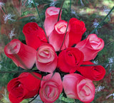 One Dozen Wood Rose Bouquet, Ivory/Red & Orange Red