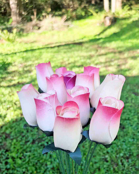 Ivory & Dark Pink Wooden Rosebud (price per stem)